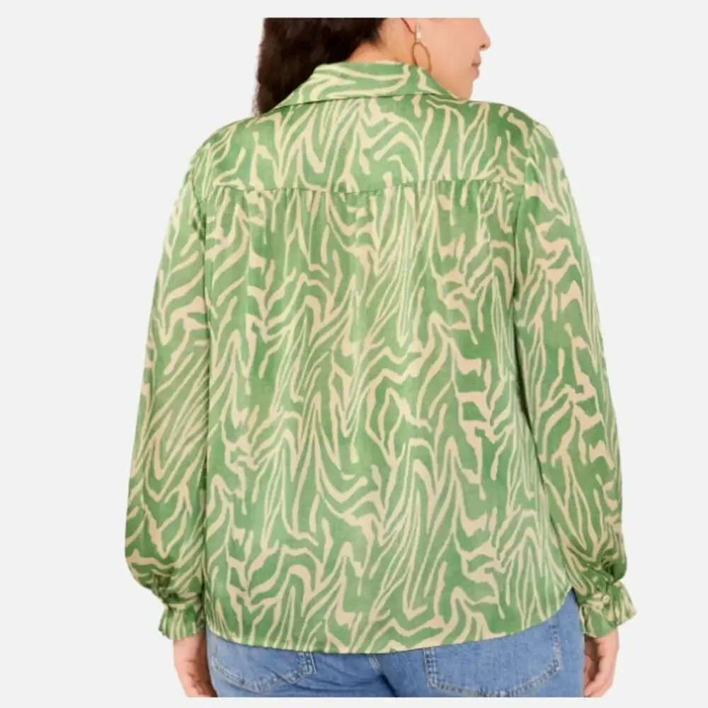 Vince Camuto Abstract Zebra Print Blouse Ruffle Top | Plus 3X, Green Cream NEW - Picture 2 of 14